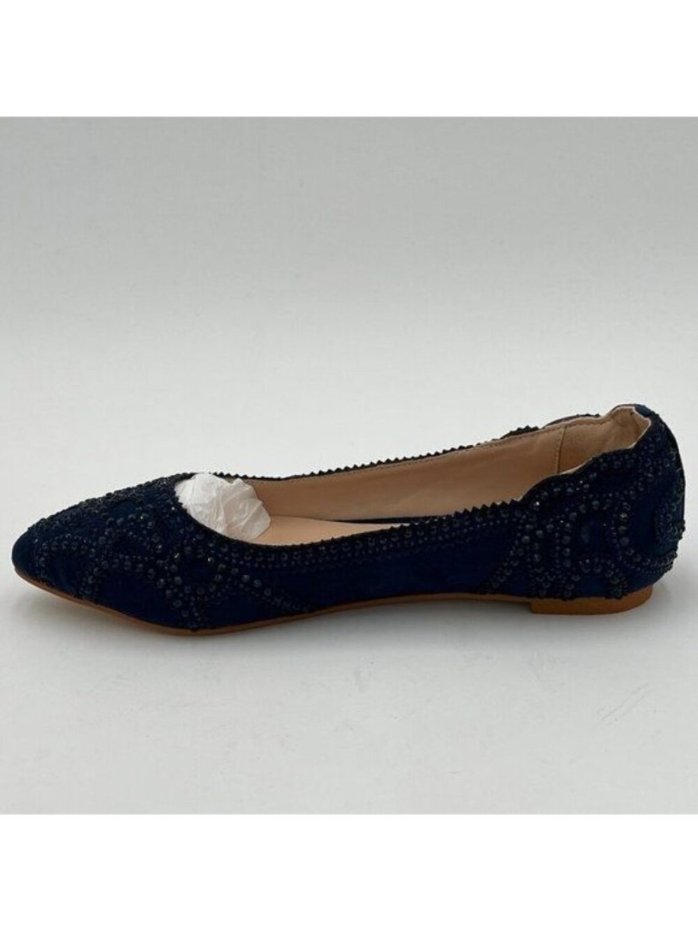 XYD Navy Pointed Toe Rhinestone Flats Mesh Slip On Low Heel Crystal Dress Shoes